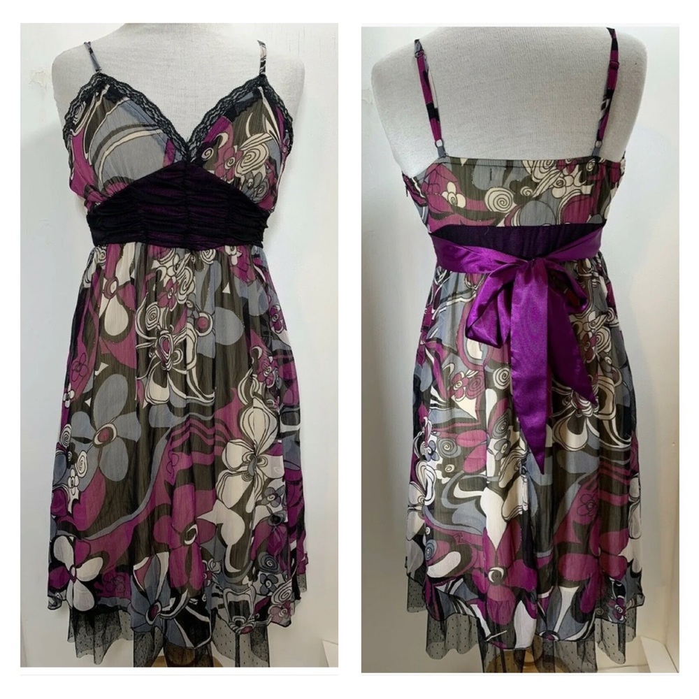 Lucy Collection Floral Midi Dress Purple Straps Black Mix Floaty V-Neck UK12 - Picture 2 of 14